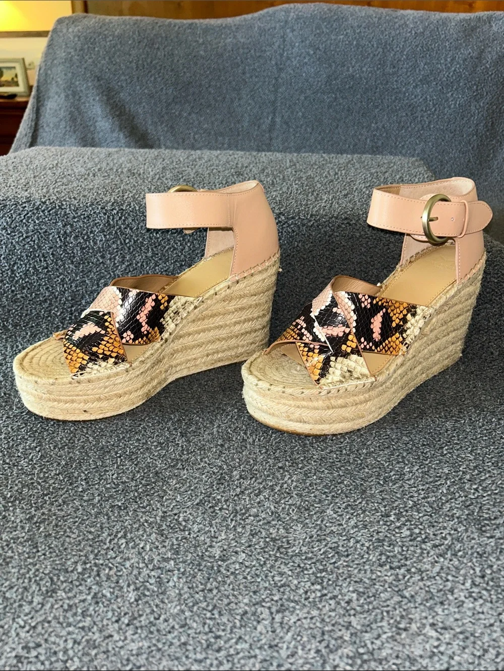 Marc Fisher Pink Ankle-Strap Espadrille Wedges with Snake-Print Straps